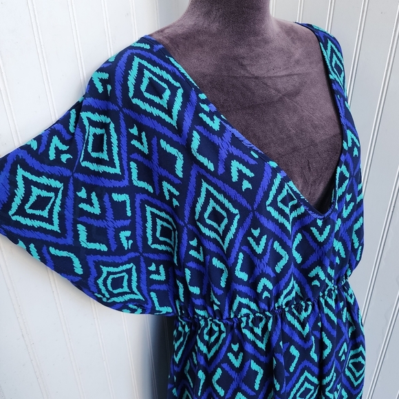Merona Blue Green Geometric Print Swim Dress Cover-Up Elastic Waist Sheer XL - Picture 5 of 12